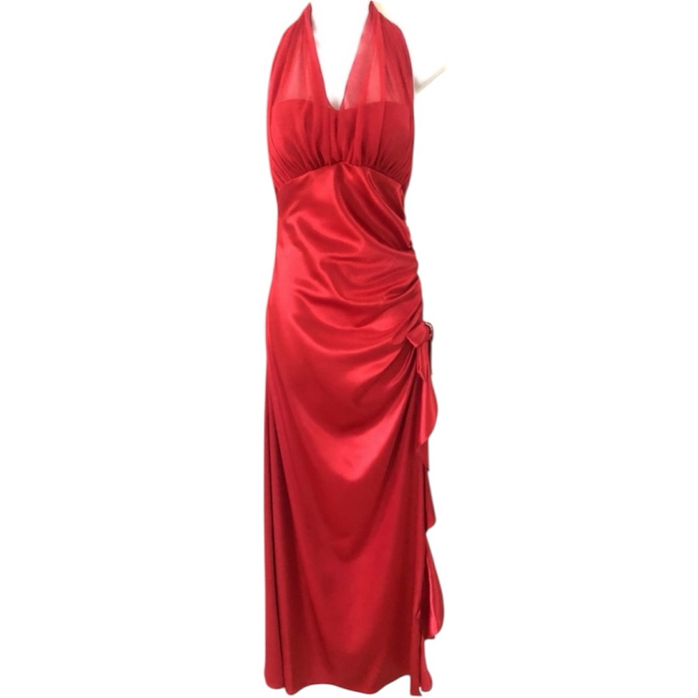 Blondie Nites Red Maxi Halter Dress Evening Gown Party Wedding Prom